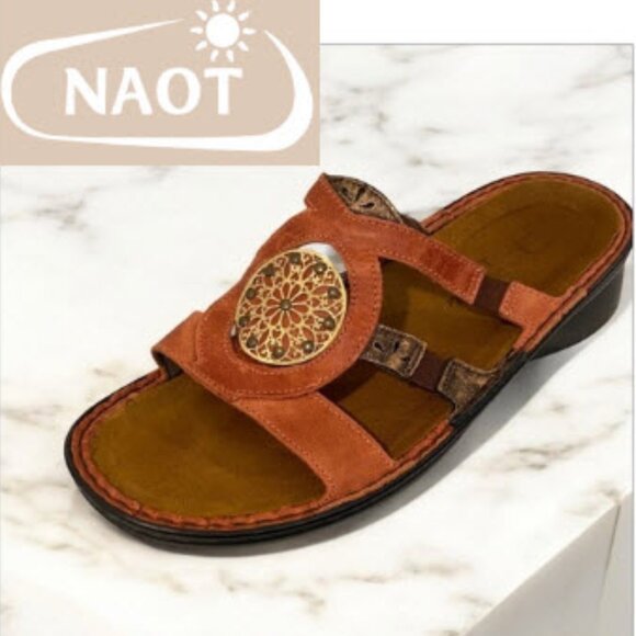 Naot Leather Sandals  size 39 Orange and Brown with Gold Accent - Picture 1 of 14